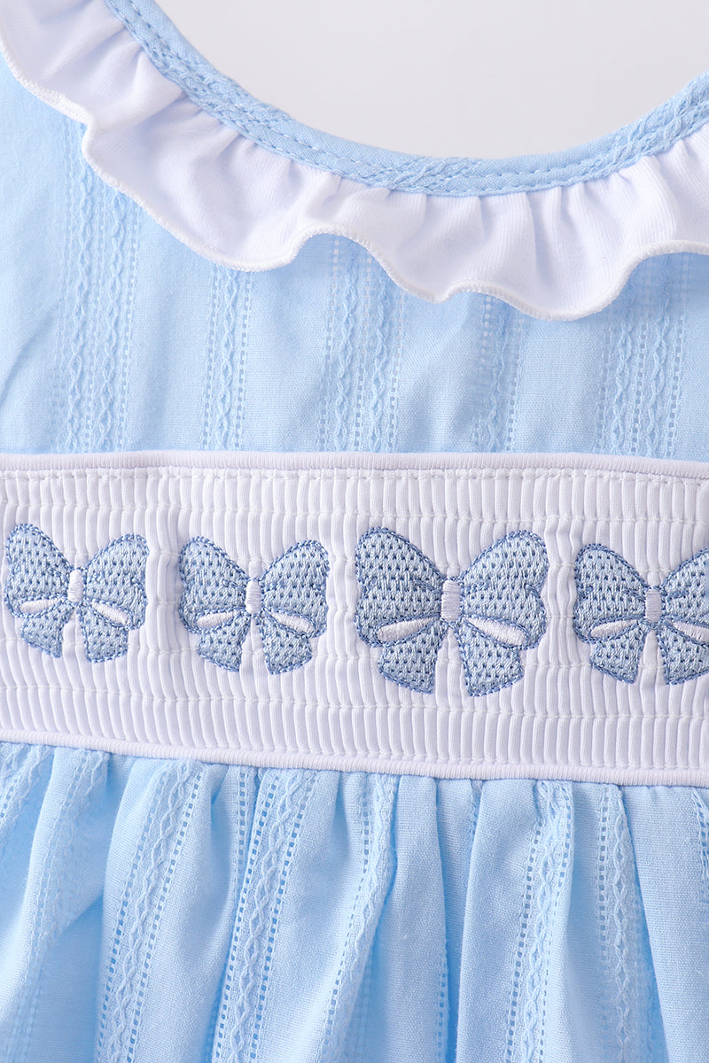 Blue Bow Smocked Embroidered Jacquard Set - Aaria Tees Aaria Tees