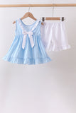 Blue Bow Smocked Embroidered Jacquard Set - Aaria Tees Aaria Tees