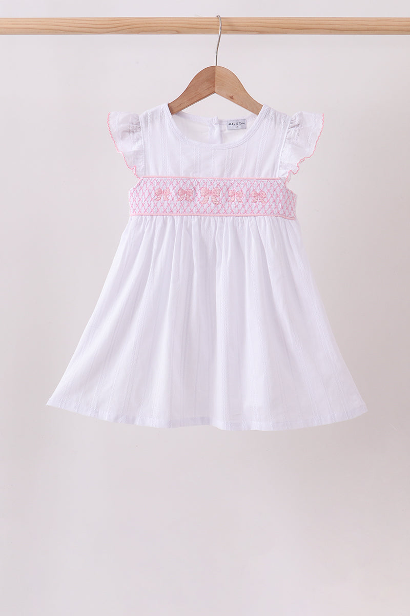White Bow Smocked Jacquard Dress - Aaria Tees Aaria Tees