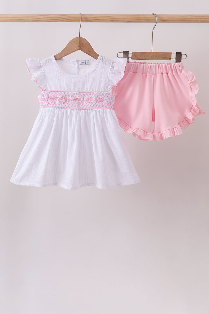 White Bow Smocked Jacquard Ruffle Shorts Set - Aaria Tees Aaria Tees