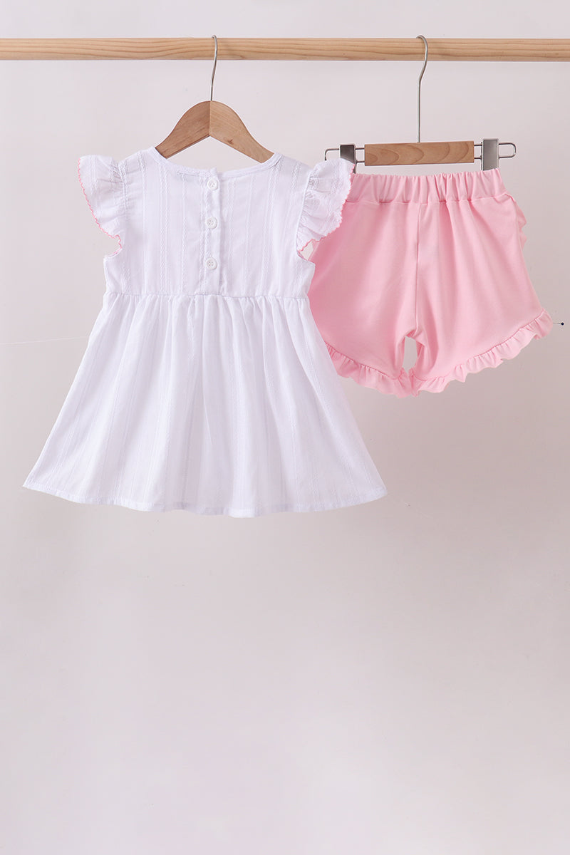 White Bow Smocked Jacquard Ruffle Shorts Set - Aaria Tees Aaria Tees