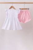 White Bow Smocked Jacquard Ruffle Shorts Set - Aaria Tees Aaria Tees