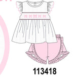 White Bow Smocked Jacquard Ruffle Shorts Set Aaria Tees