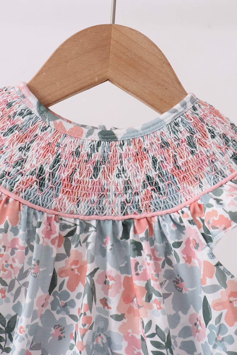 Pink Floral Smocked Knit Bubble - Aaria Tees Aaria Tees