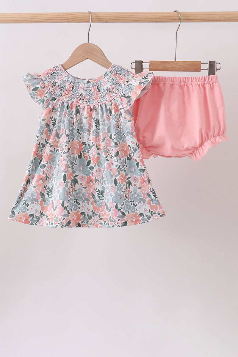 Pink Floral Smocked Knit Bloomer Set - Aaria Tees Aaria Tees