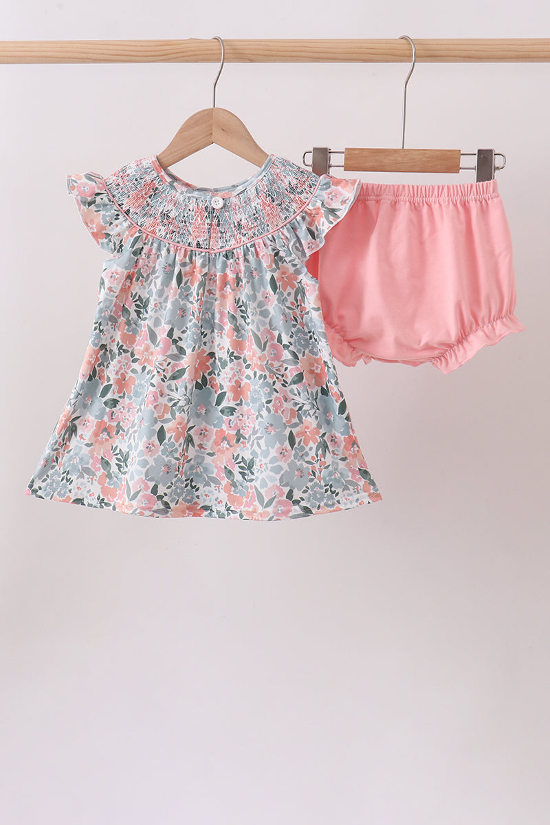 Pink Floral Smocked Knit Bloomer Set - Aaria Tees Aaria Tees