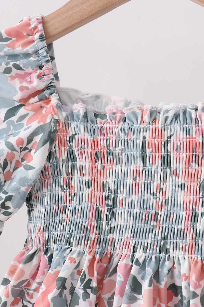 Pink Floral Smocked UPF Swim Set - Aaria Tees Aaria Tees