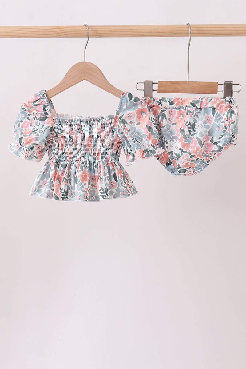 Pink Floral Smocked UPF Swim Set - Aaria Tees Aaria Tees