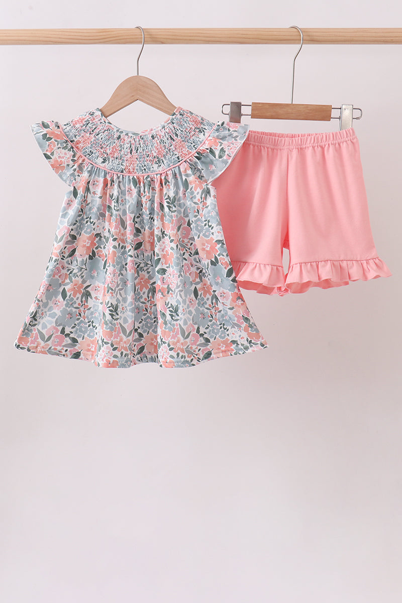 Pink Floral Smocked Knit Set - Aaria Tees Aaria Tees