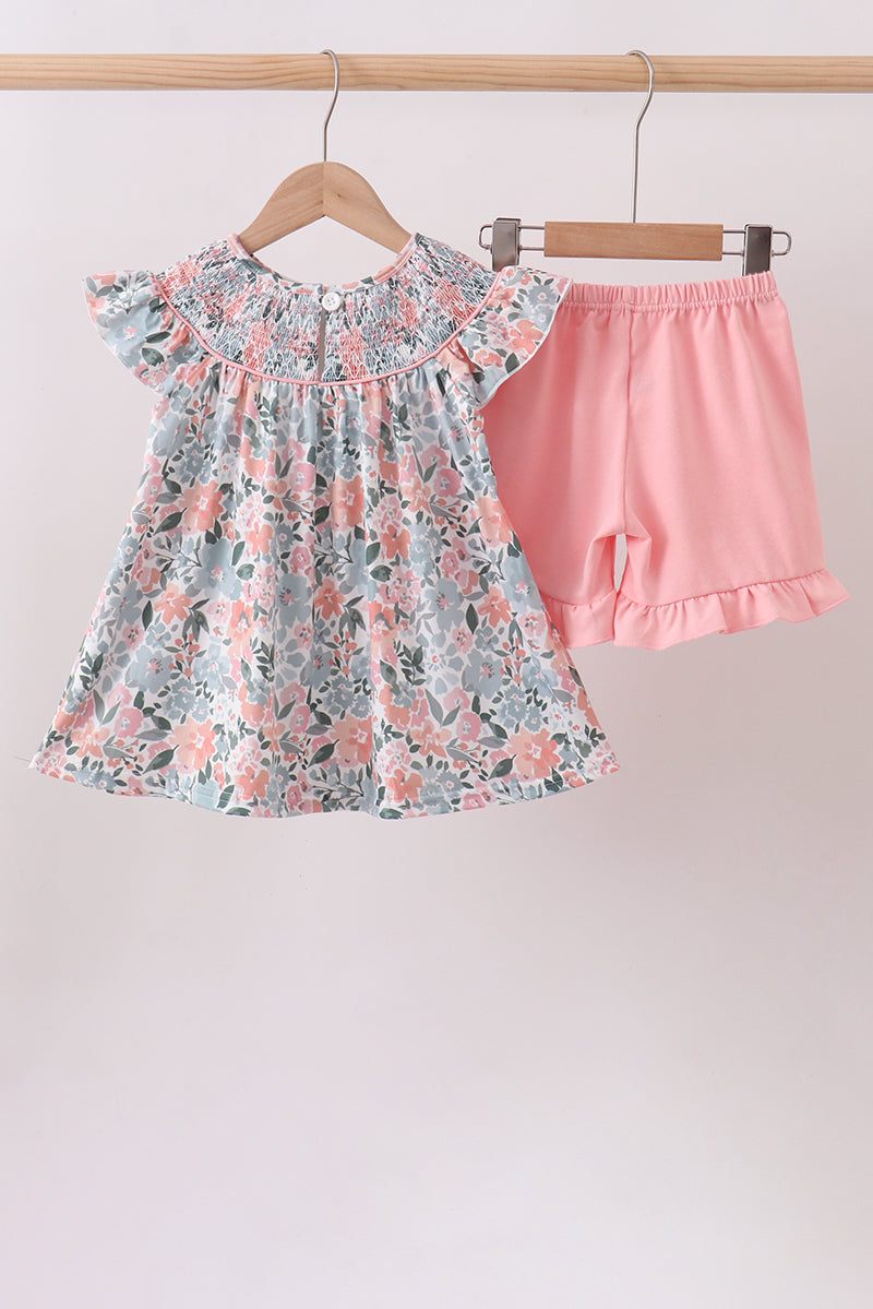 Pink Floral Smocked Knit Set - Aaria Tees Aaria Tees