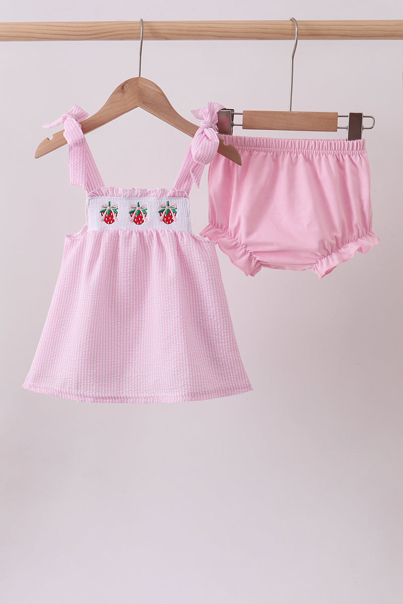 Pink stripe seersucker strawberry smocked bloomer set - Aaria Tees