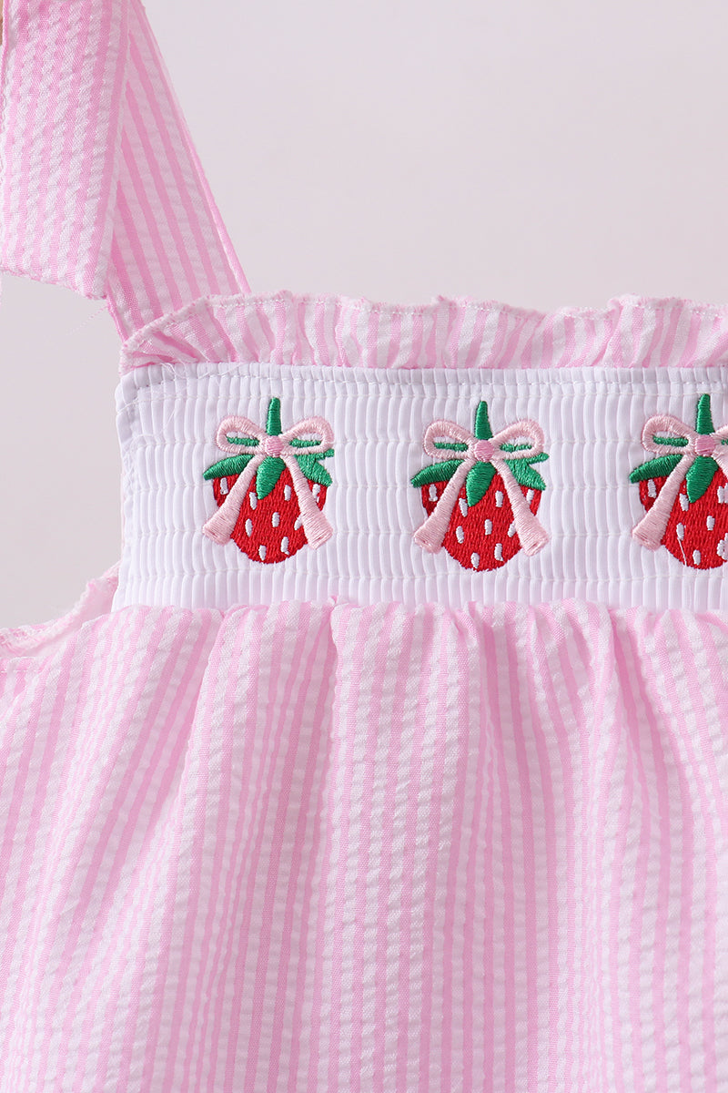 Pink stripe seersucker strawberry smocked bloomer set - Aaria Tees Aaria Tees
