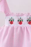 Pink stripe seersucker strawberry smocked bloomer set - Aaria Tees Aaria Tees