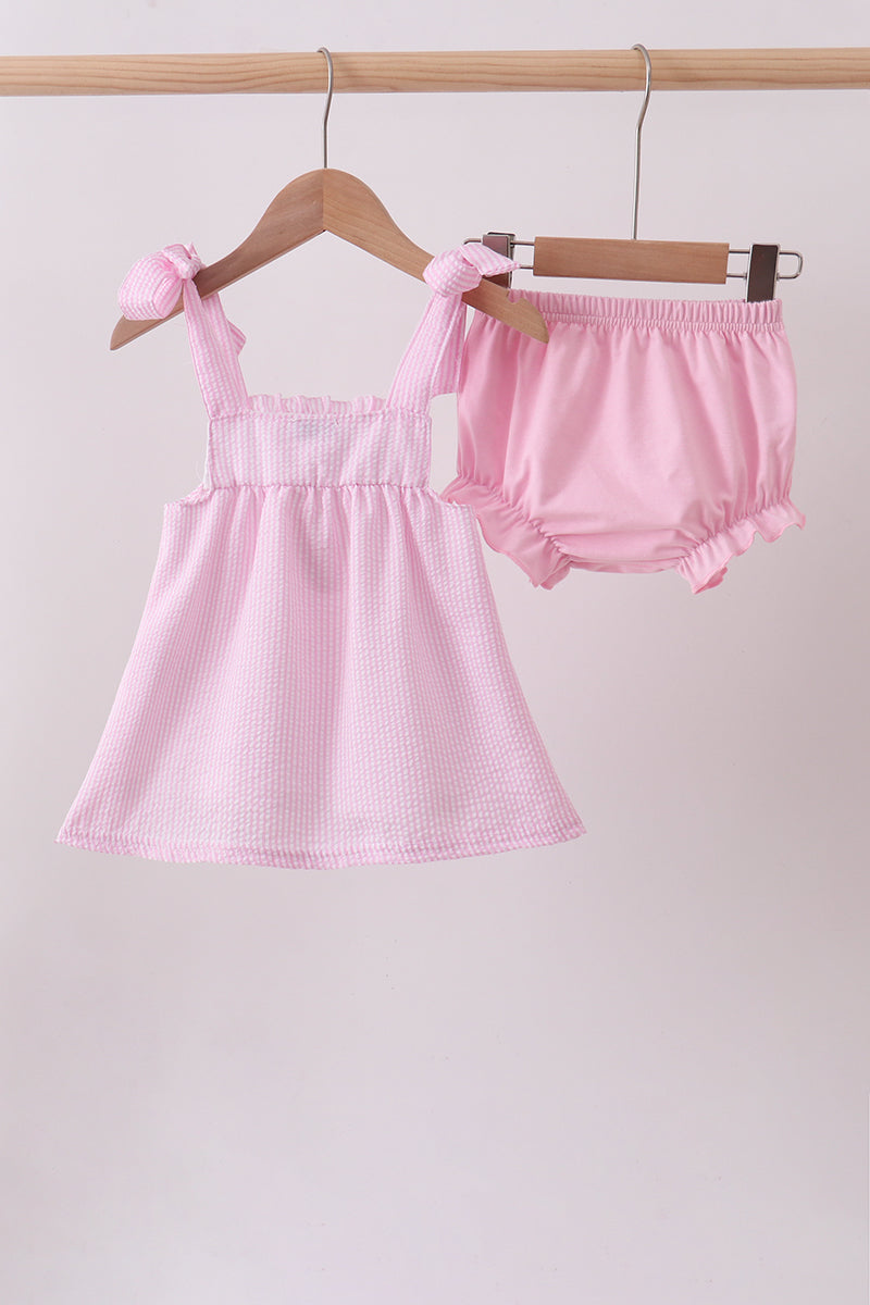 Pink stripe seersucker strawberry smocked bloomer set - Aaria Tees Aaria Tees