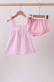 Pink stripe seersucker strawberry smocked bloomer set - Aaria Tees Aaria Tees
