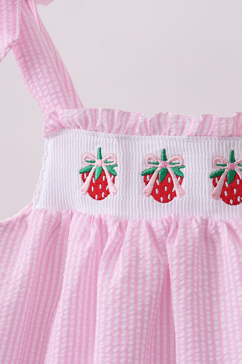Pink stripe seersucker strawberry smocked dress - Aaria Tees Aaria Tees