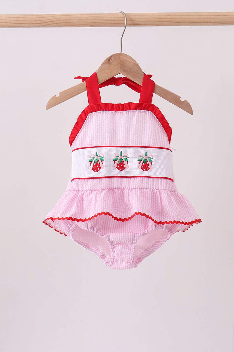 Pink stripe seersucker strawberry smocked one-piece swimsuit - Aaria Tees