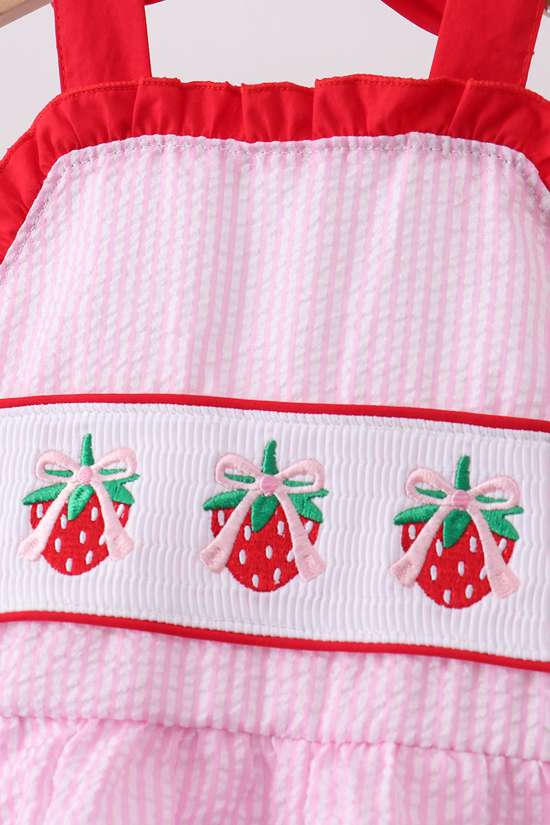 Pink stripe seersucker strawberry smocked one-piece swimsuit - Aaria Tees Aaria Tees