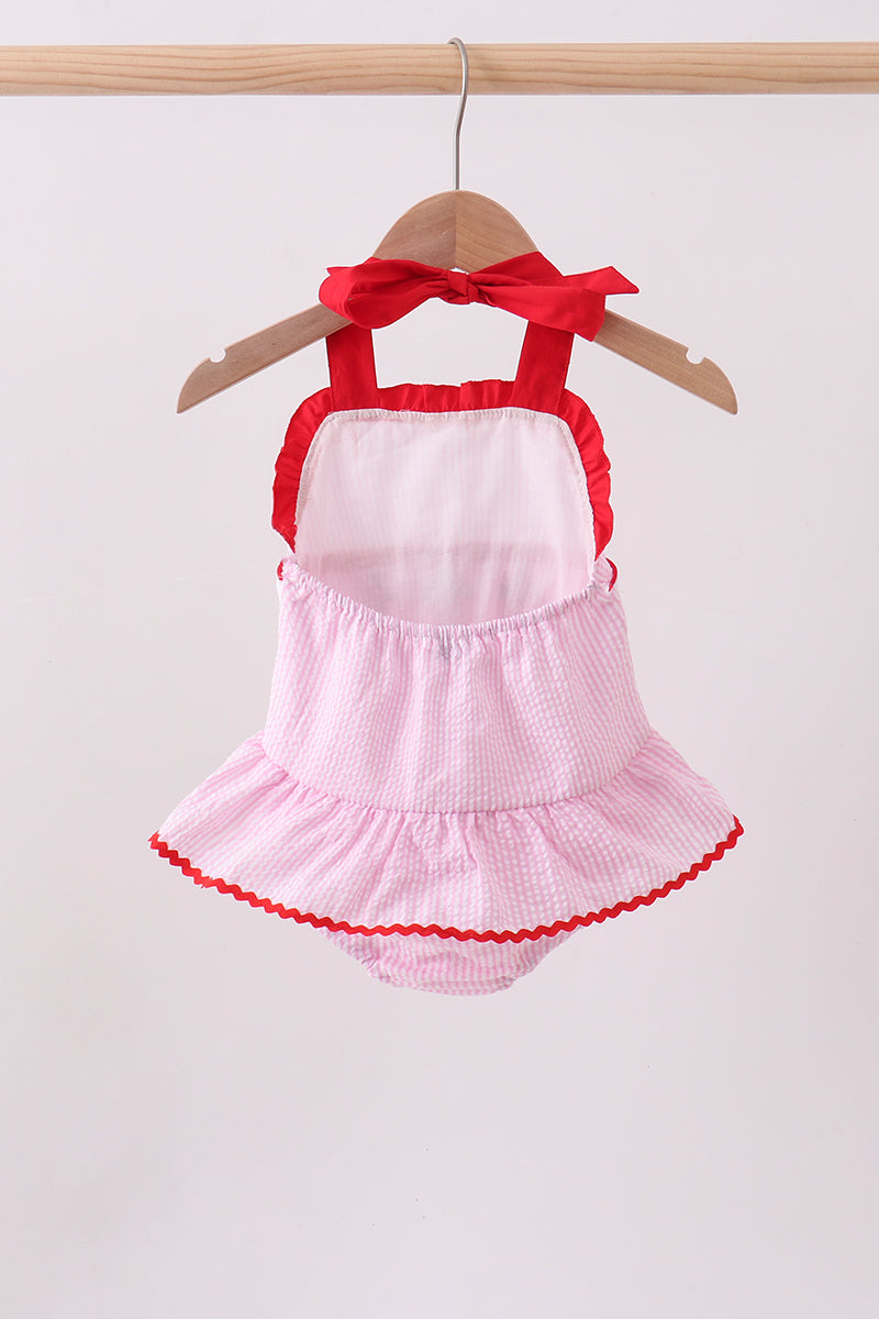 Pink stripe seersucker strawberry smocked one-piece swimsuit - Aaria Tees Aaria Tees