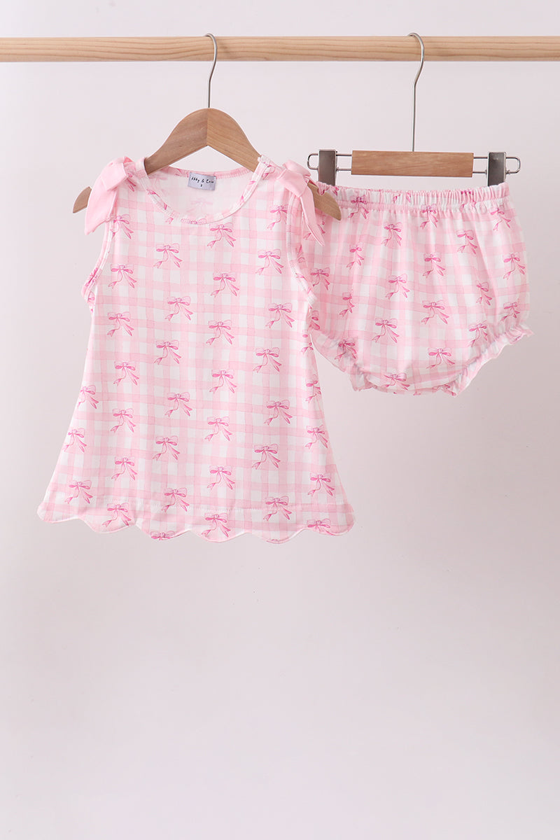 Pink bow print scalloped bloomer set - Aaria Tees Aaria Tees