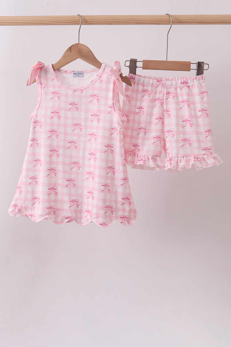 Pink bow print scalloped ruffle shorts set - Aaria Tees