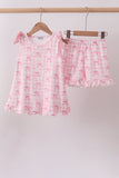 Pink bow print scalloped ruffle shorts set - Aaria Tees Aaria Tees