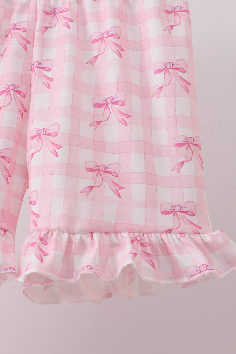 Pink bow print scalloped ruffle shorts set - Aaria Tees Aaria Tees