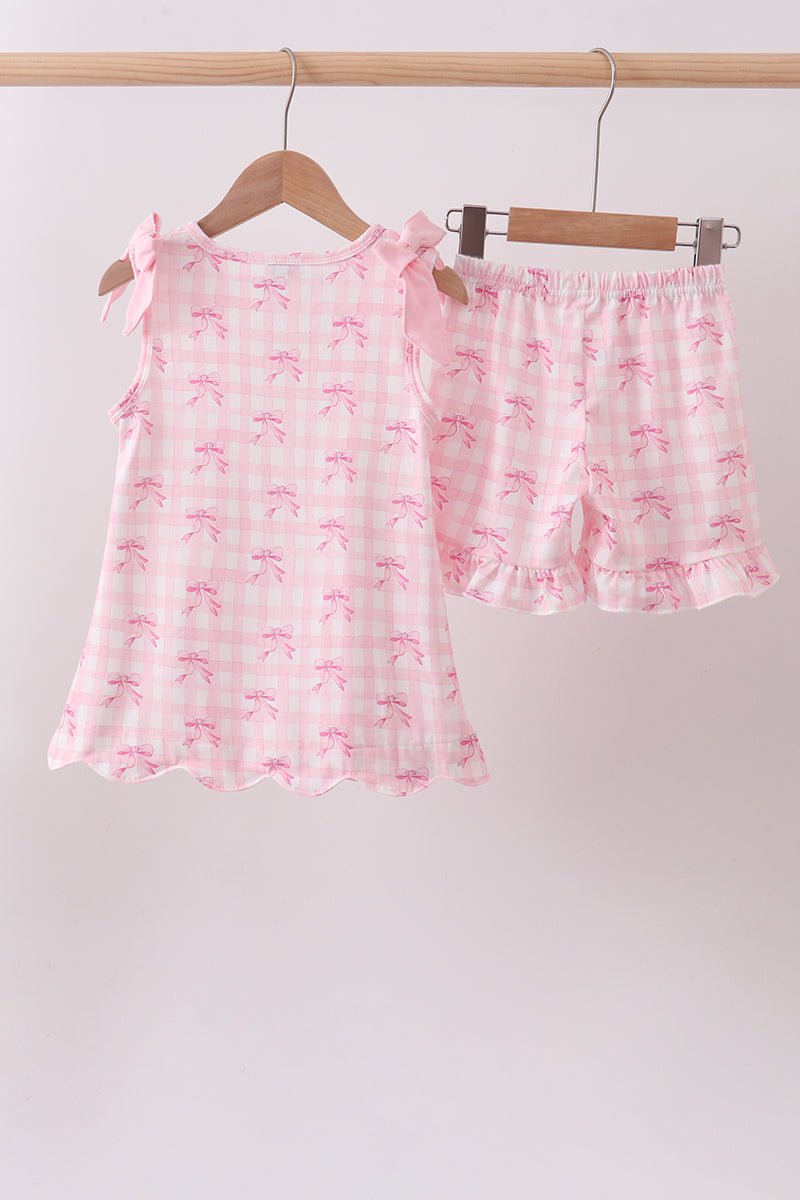 Pink bow print scalloped ruffle shorts set - Aaria Tees Aaria Tees