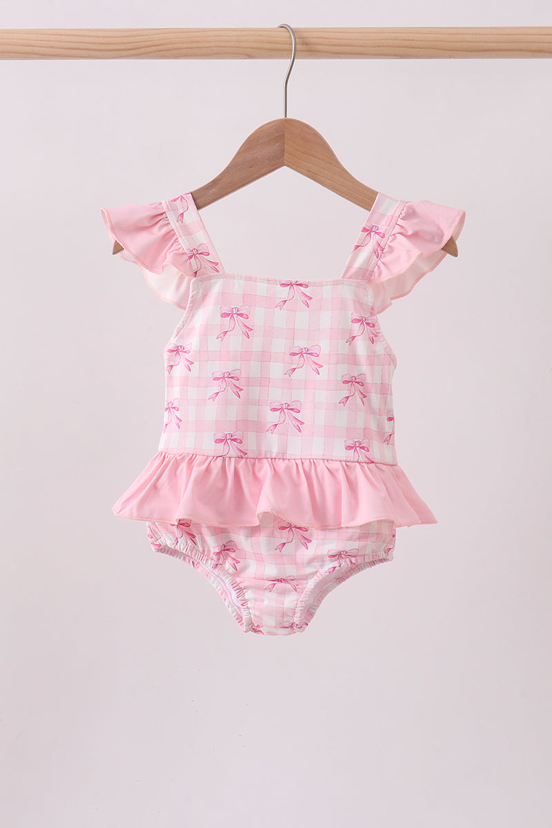 Pink bow print ruffle one-piece swimsuit - Aaria Tees Aaria Tees