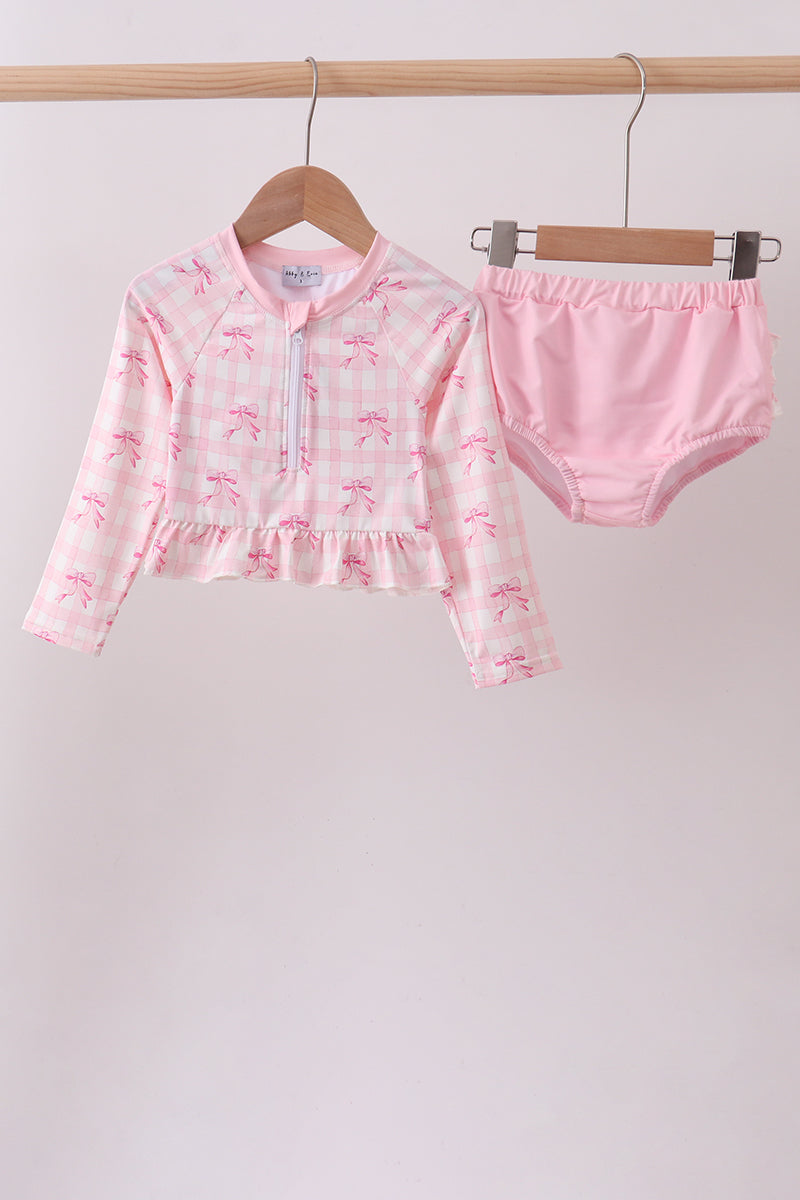 Pink bow print ruffle zipper 2pc swimsuit - Aaria Tees Aaria Tees