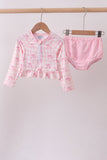 Pink bow print ruffle zipper 2pc swimsuit - Aaria Tees Aaria Tees