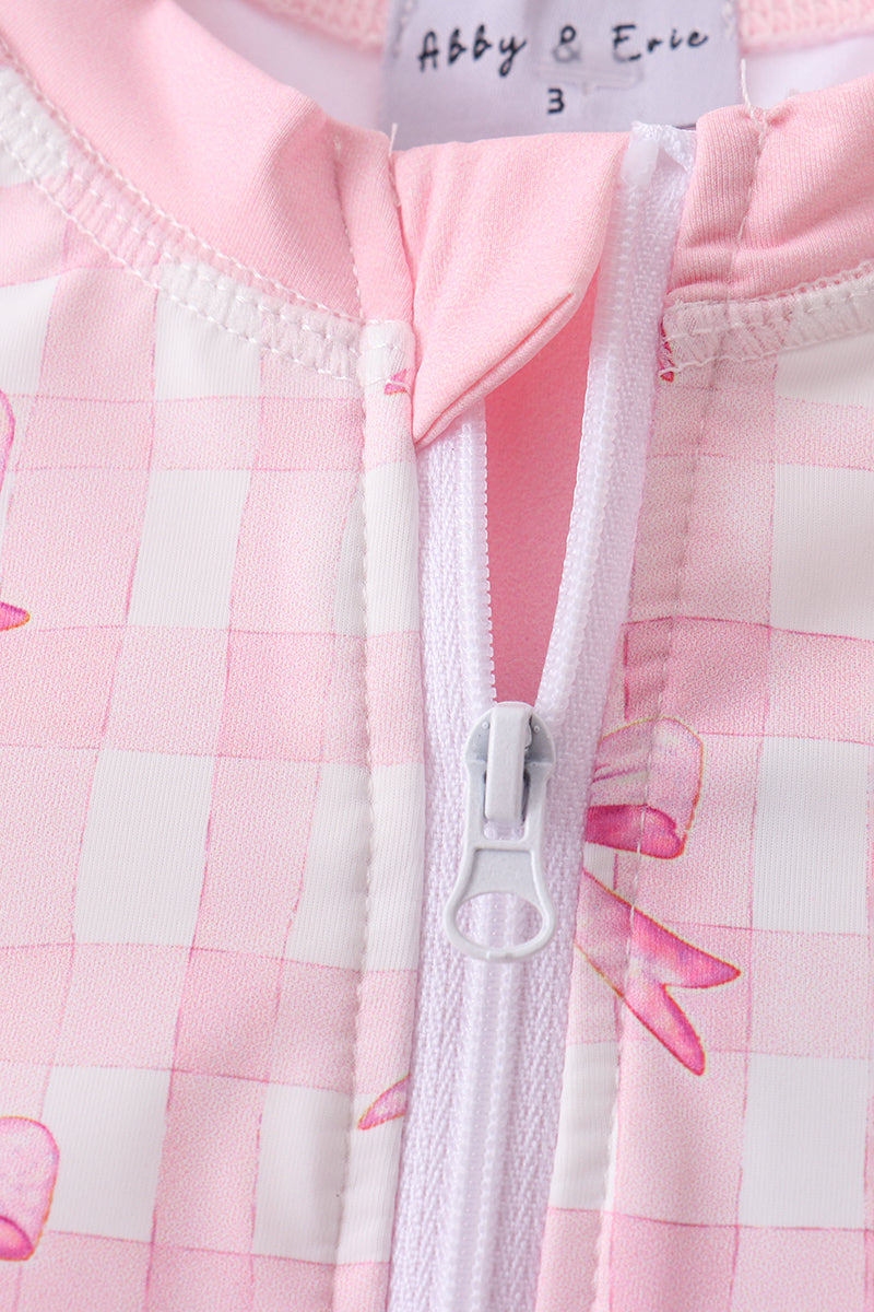 Pink bow print ruffle zipper 2pc swimsuit - Aaria Tees Aaria Tees