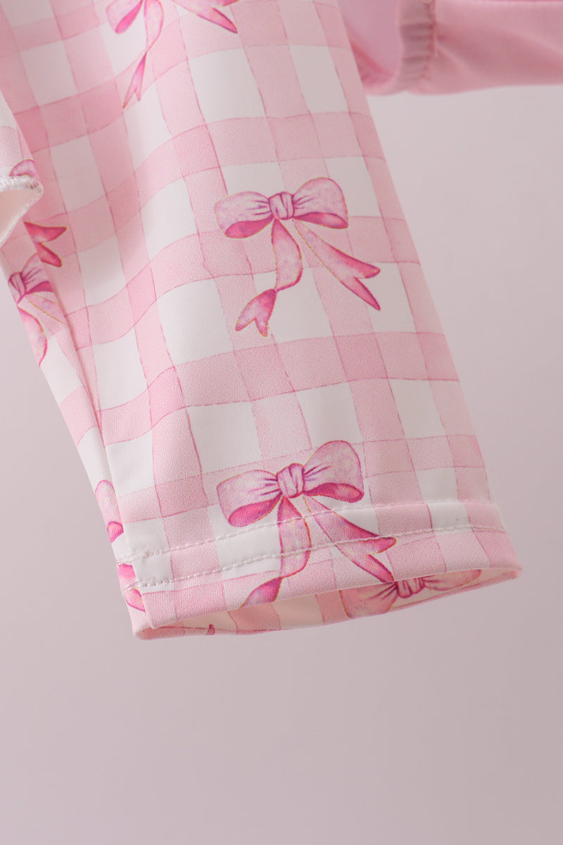 Pink bow print ruffle zipper 2pc swimsuit - Aaria Tees Aaria Tees