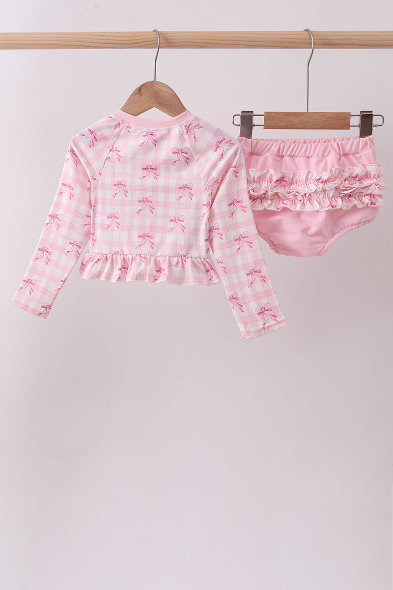 Pink bow print ruffle zipper 2pc swimsuit - Aaria Tees Aaria Tees