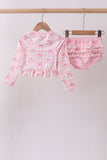 Pink bow print ruffle zipper 2pc swimsuit - Aaria Tees Aaria Tees