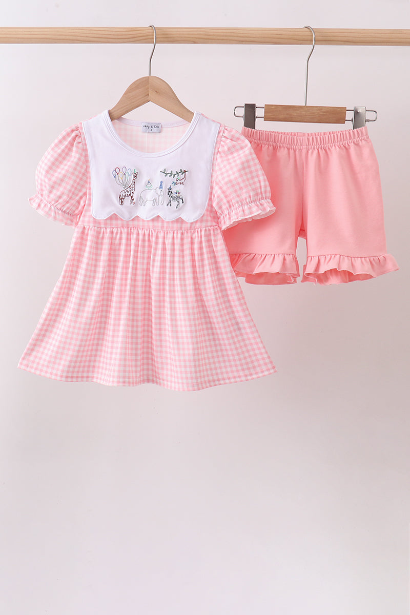 Pink Gingham Animal Embroidered Knit Set - Aaria Tees