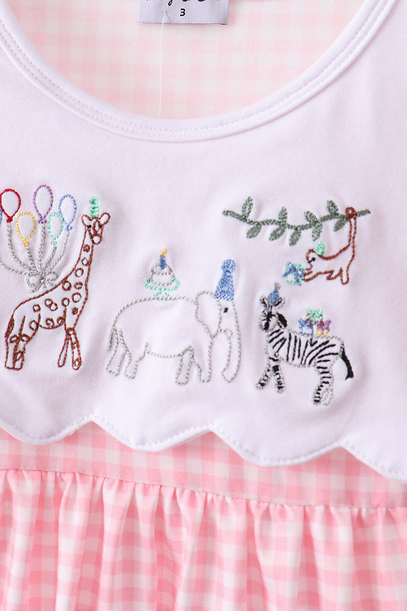 Pink Gingham Animal Embroidered Knit Set - Aaria Tees Aaria Tees