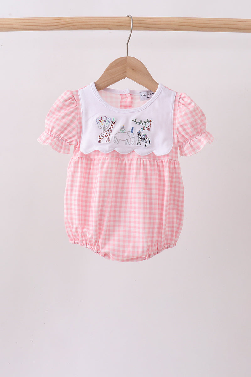 Pink Gingham Animal Embroidered Knit Bubble - Aaria Tees Aaria Tees