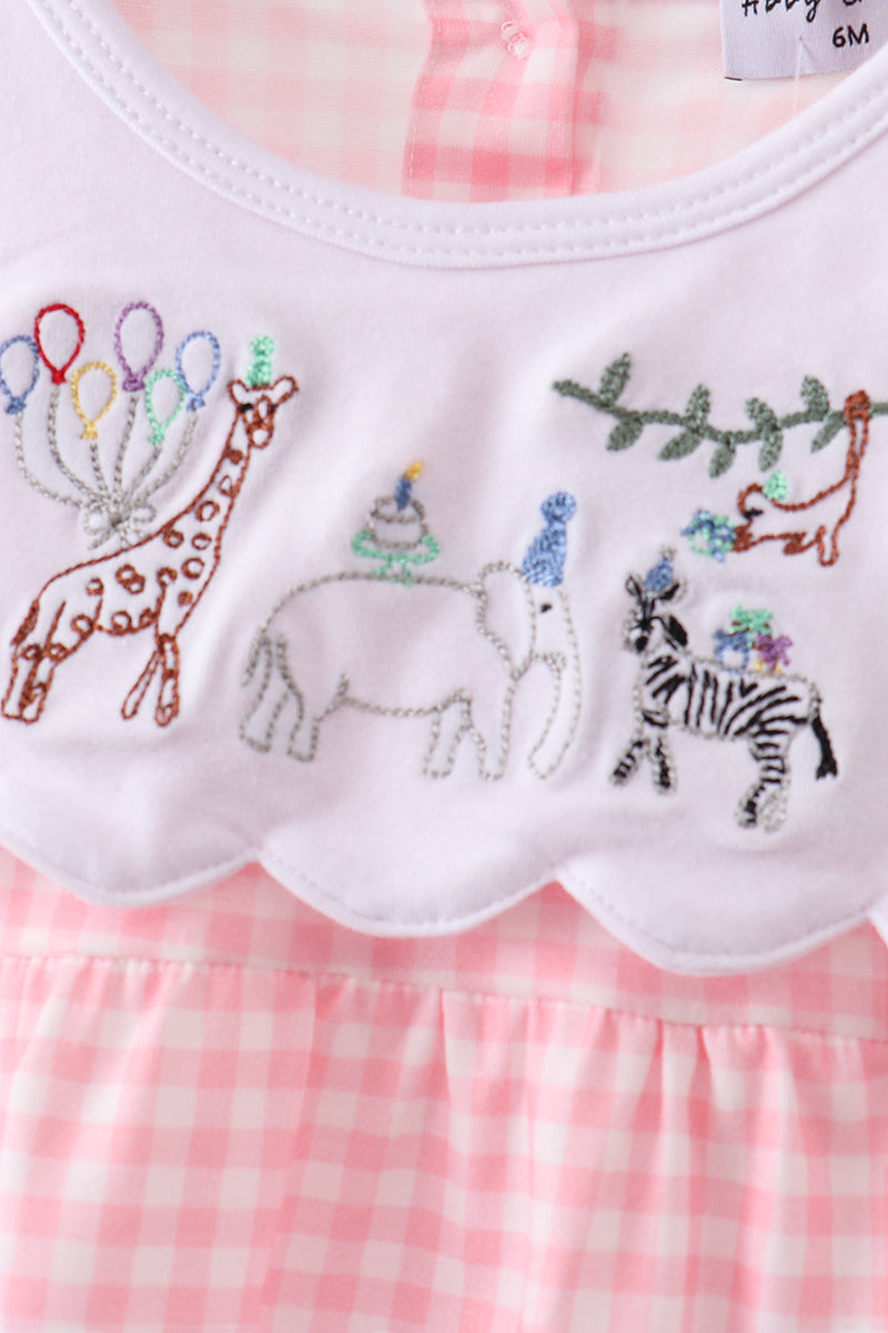 Pink Gingham Animal Embroidered Knit Bubble - Aaria Tees Aaria Tees