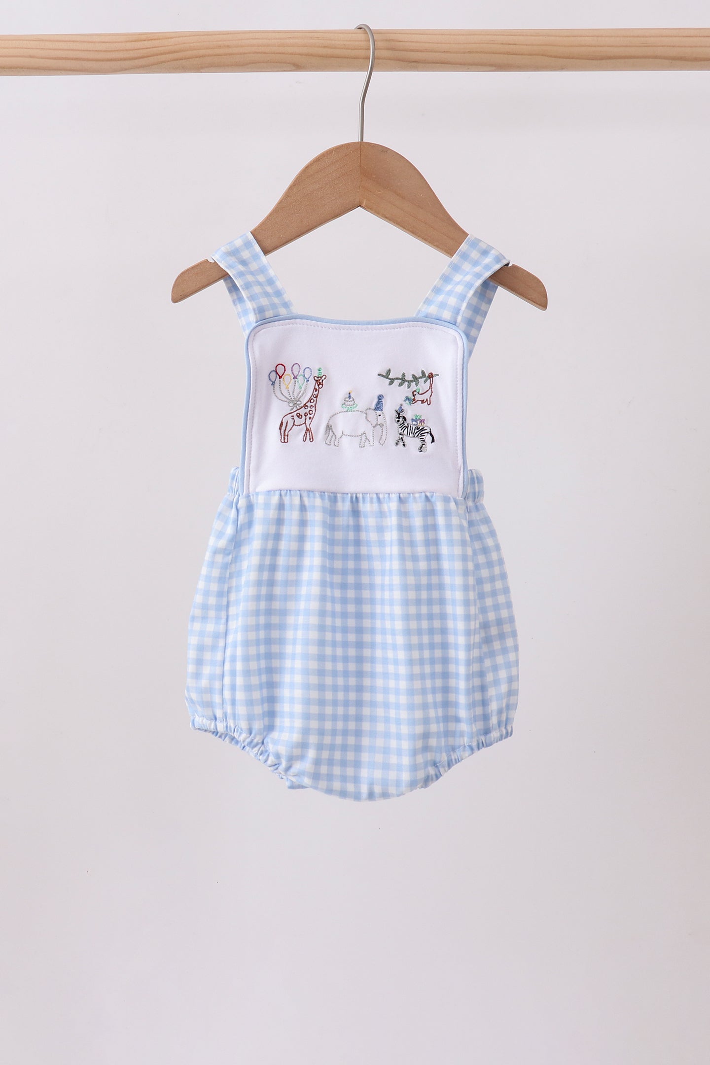 Blue Gingham Animal Embroidered Knit Bubble - Aaria Tees Aaria Tees