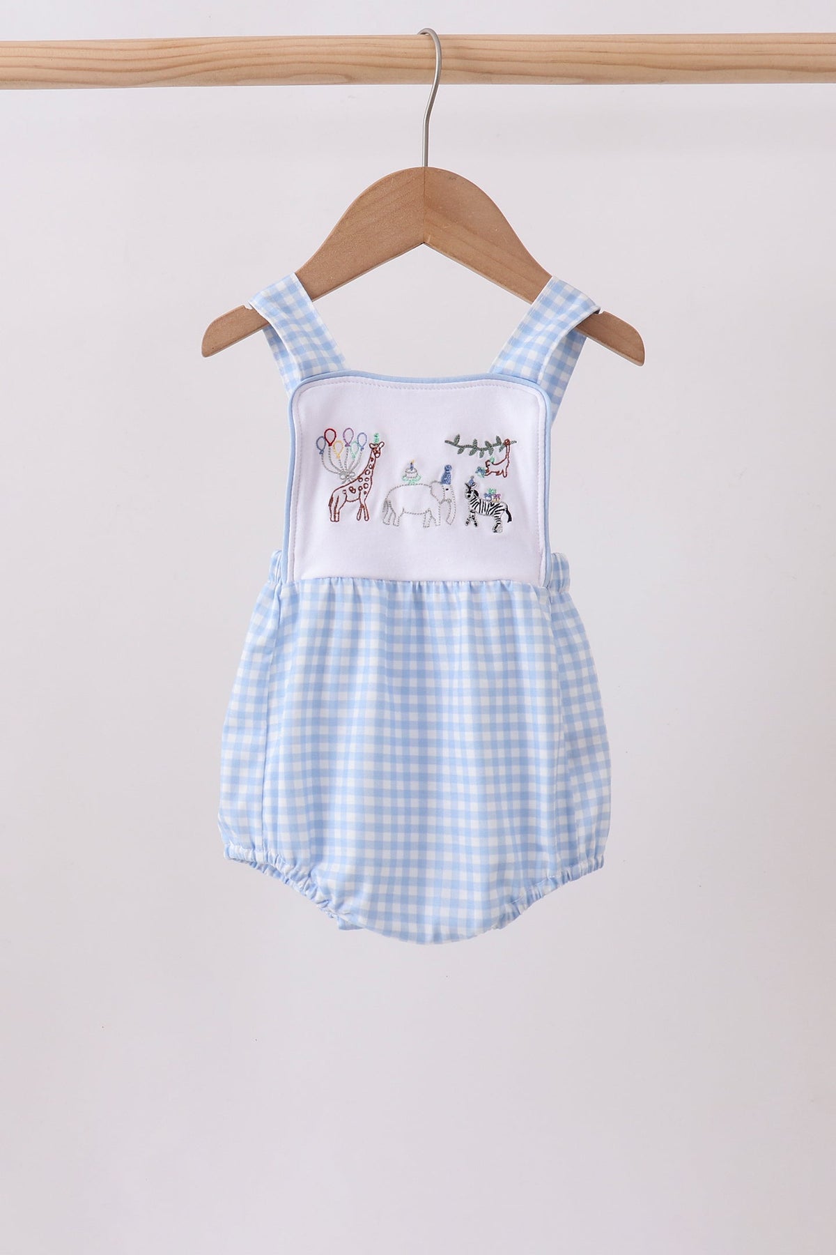 Blue Gingham Animal Embroidered Knit Bubble - Aaria Tees