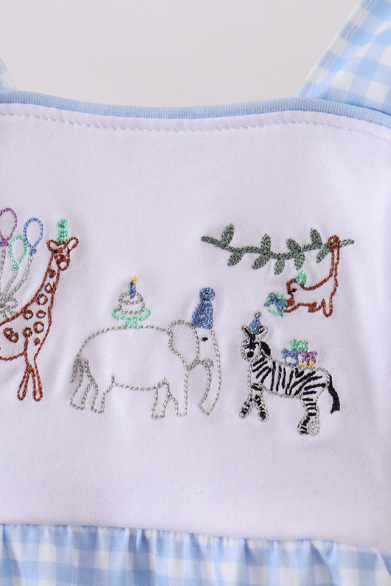 Blue Gingham Animal Embroidered Knit Bubble - Aaria Tees Aaria Tees