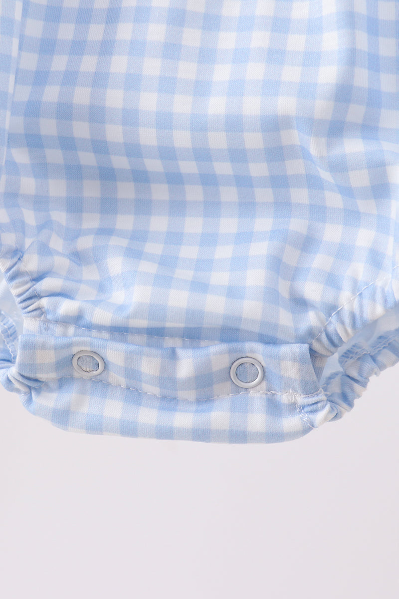 Blue Gingham Animal Embroidered Knit Bubble - Aaria Tees Aaria Tees