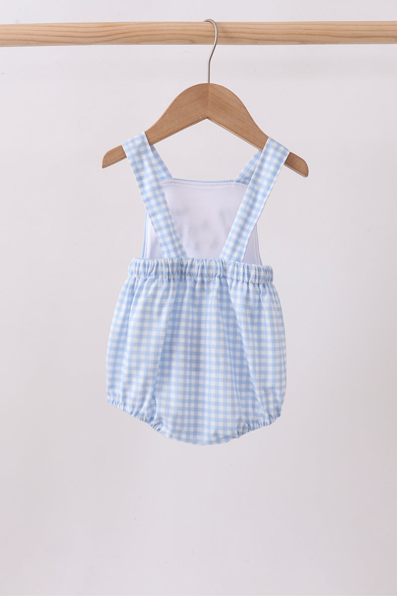 Blue Gingham Animal Embroidered Knit Bubble - Aaria Tees Aaria Tees