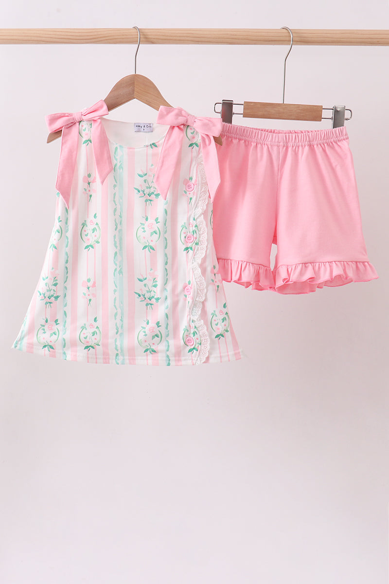 Pink floral print bow ruffle shorts set - Aaria Tees