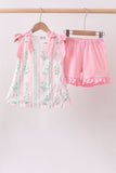 Pink floral print bow ruffle shorts set - Aaria Tees Aaria Tees