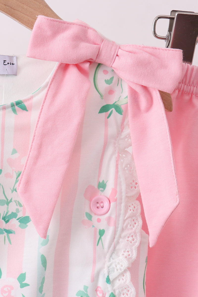 Pink floral print bow ruffle shorts set - Aaria Tees Aaria Tees