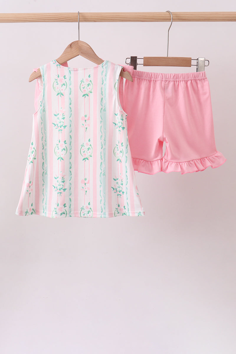 Pink floral print bow ruffle shorts set - Aaria Tees Aaria Tees