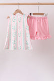 Pink floral print bow ruffle shorts set - Aaria Tees Aaria Tees