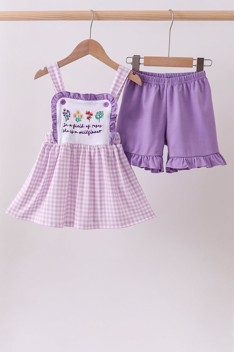 Purple floral embroidery gingham ruffle shorts set - Aaria Tees